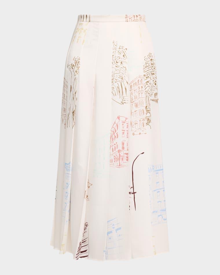 Pleated Manhattan-Print Fluid Twill Midi Skirt by LAFAYETTE 148 NEW YORK