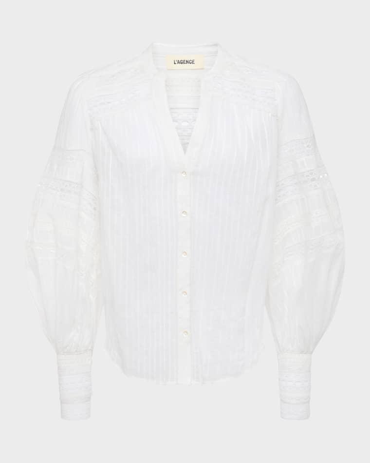 Kiera Semi-Sheer Geometric-Trim Blouse by L'AGENCE