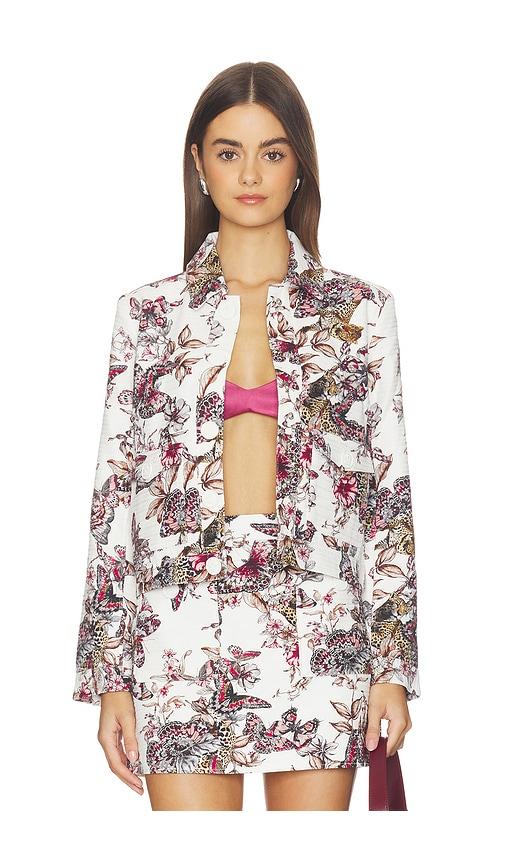 L'AGENCE Nyx Crop Jacket in White Multi Large Butterfly Jungle in White,Pink by L'AGENCE