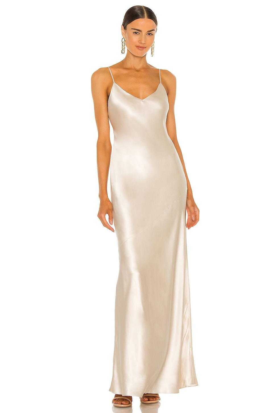 L'AGENCE Serita Maxi V-Neck Bias Dress in Metallic Neutral by L'AGENCE L'AGENCE Serita Maxi V-Neck Bias Dress in Metallic Neutral by L'AGENCE