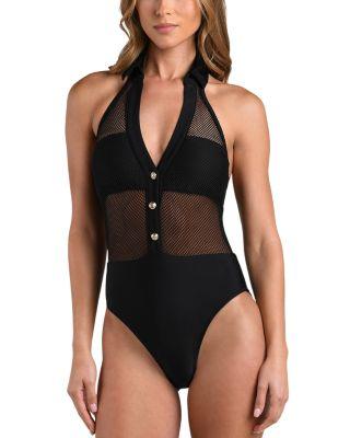 Natalya Collared Mesh Solid One Piece Swimsuit by L'AGENCE
