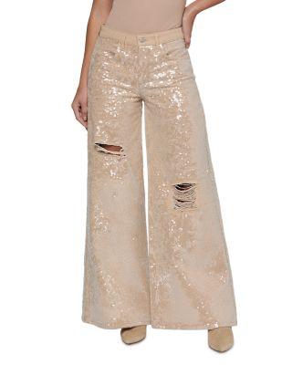 Quincy Sequin High Rise Wide Leg Jeans in Light Almond by L'AGENCE
