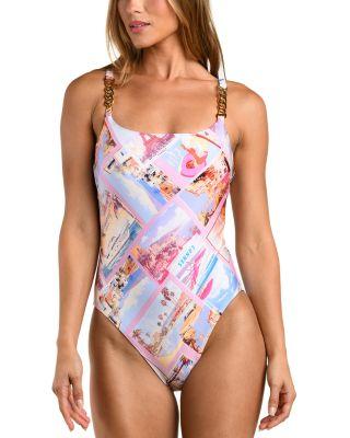 Remi Postcard Print Basic Lingerie One Piece Swimsuit by L'AGENCE