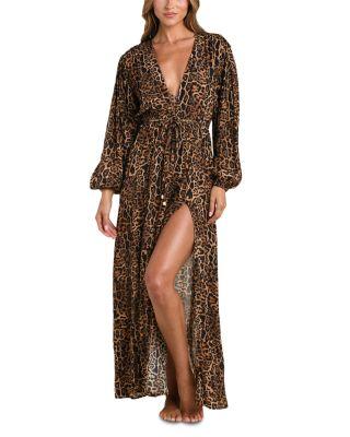Sara Patch Leopard Long Sleeve Maxi Dress Swim Cover-Up by L'AGENCE Sara Patch Leopard Long Sleeve Maxi Dress Swim Cover-Up by L'AGENCE