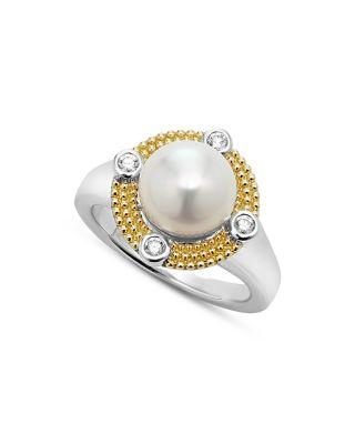 18K Yellow Gold & Sterling Silver Luna Cultured Freshwater Pearl & Diamond Halo Ring by LAGOS