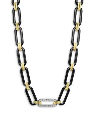 18K Yellow & White Gold Signature Caviar Diamond & Black Ceramic Station Link Necklace by LAGOS