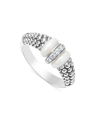 Ceramic & Sterling Silver White Caviar Diamond Stacking Ring by LAGOS