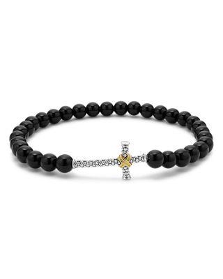 Men's 18K Yellow Gold & Sterling Silver Anthem Onyx Bead Cross Stretch Bracelet - Exclusive by LAGOS