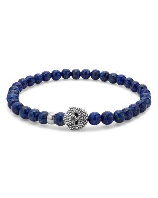 Men's Sterling Silver Anthem Lapis Lazuli Bead Skull Stretch Bracelet - Exclusive by LAGOS