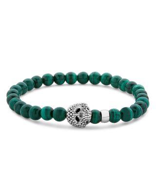 Men's Sterling Silver Anthem Malachite Bead Skull Stretch Bracelet - Exclusive by LAGOS