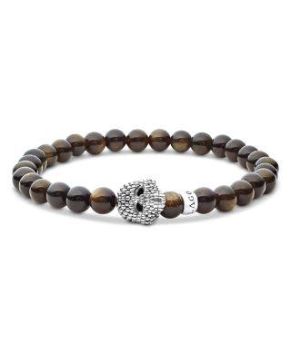 Men's Sterling Silver Anthem Obsidian Bead Skull Stretch Bracelet - Exclusive by LAGOS