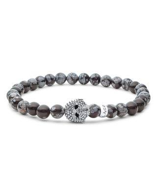 Men's Sterling Silver Anthem Snowflake Obsidian Bead Skull Stretch Bracelet - Exclusive by LAGOS