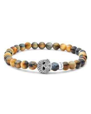 Men's Sterling Silver Anthem Tiger Eye Bead Skull Stretch Bracelet - Exclusive by LAGOS