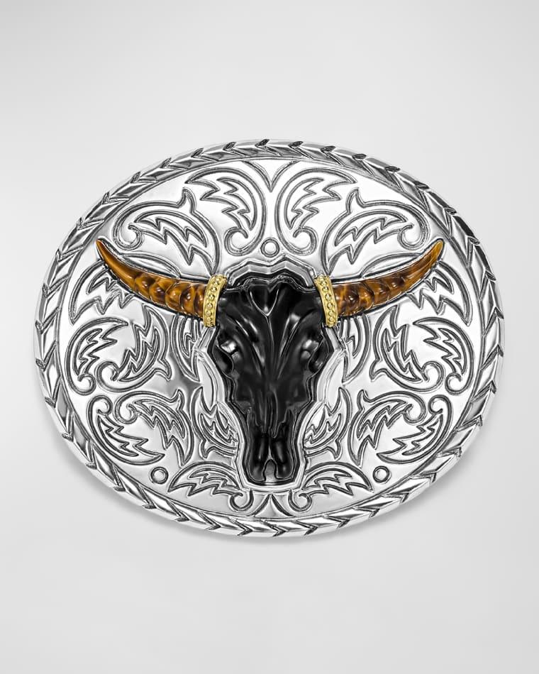 Men's Sterling Silver and 18K Anthem Black Agate Longhorn Belt Buckle, 85mm by LAGOS