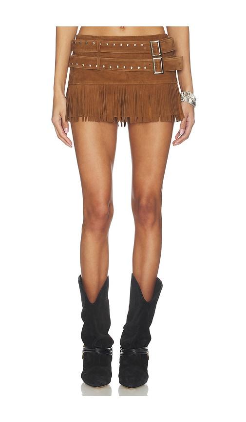 LAMARQUE Isa Double Belted Micro Suede Skirt in Cognac by LAMARQUE
