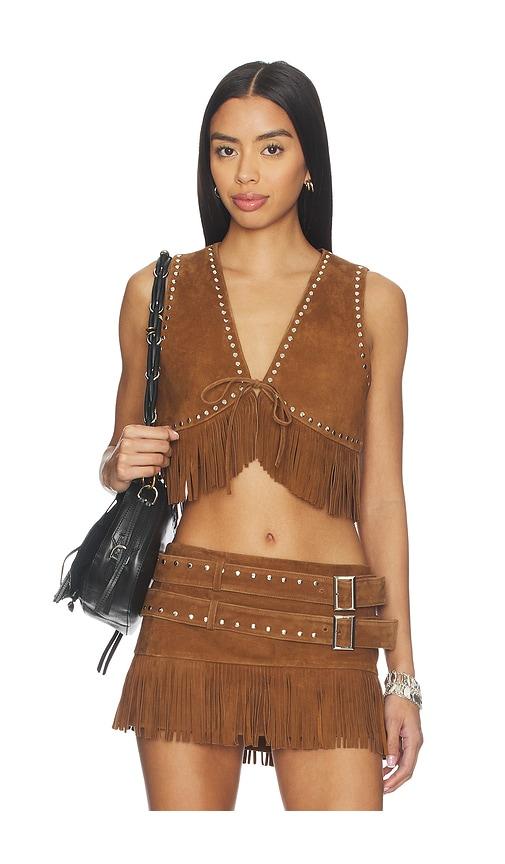 LAMARQUE Reina Fringed Suede Vest in Cognac by LAMARQUE