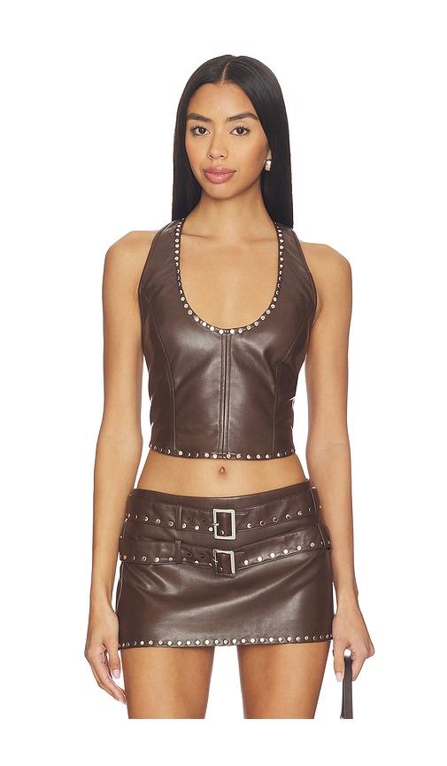 LAMARQUE x REVOLVE Liddy Faux Leather Studded Halter Top in Chocolate by LAMARQUE