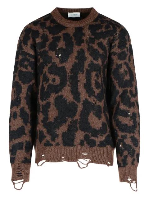 leopard-print frayed-trim sweater by LANEUS