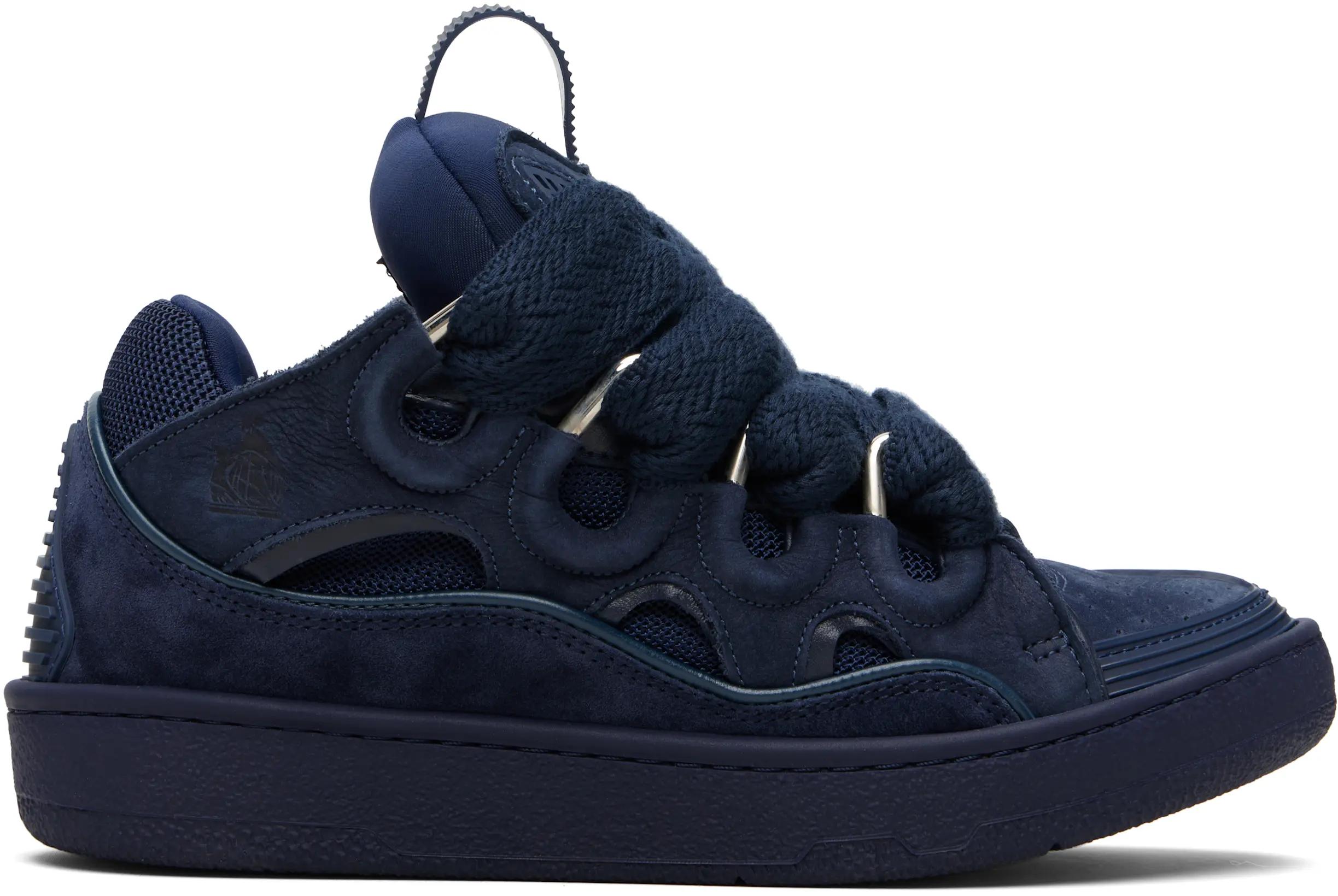 Navy Leather Curb Sneakers by LANVIN