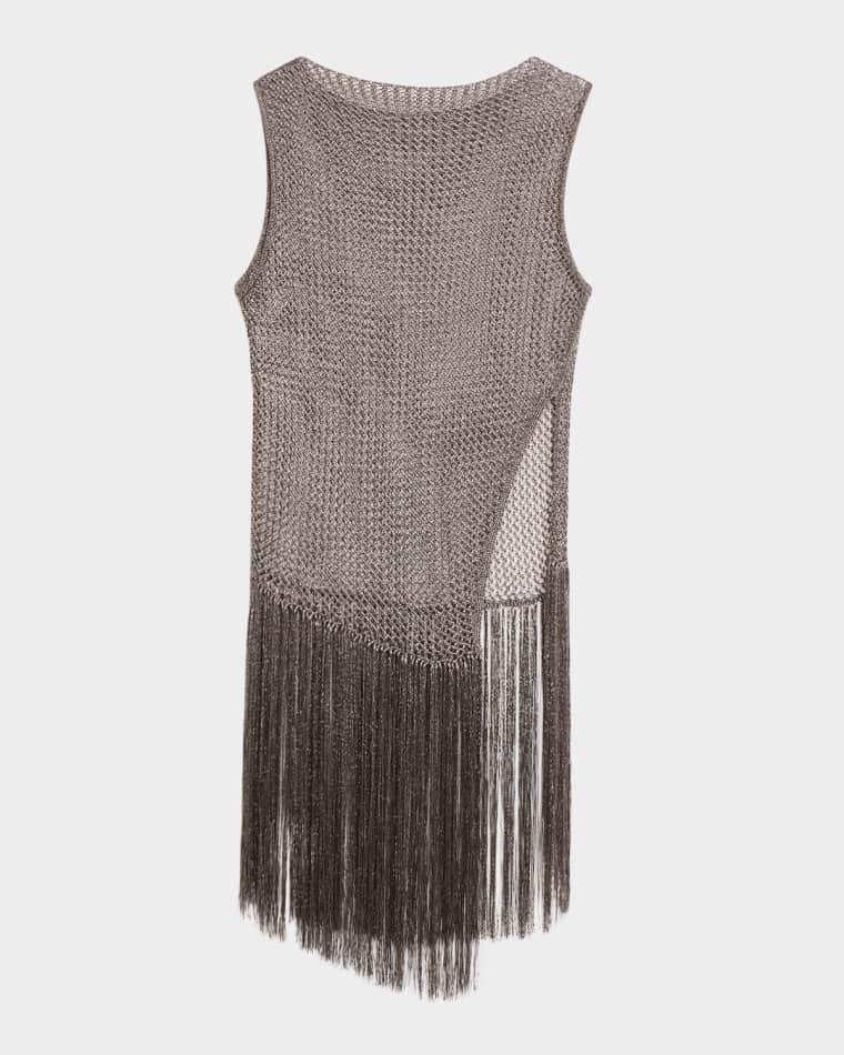 Asymmetric Metallic Net Knit Fringed Tank Top by LAPOINTE