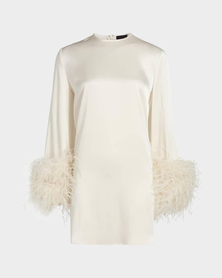 Feather-Embellished Long-Sleeve Satin Mini Shift Dress by LAPOINTE