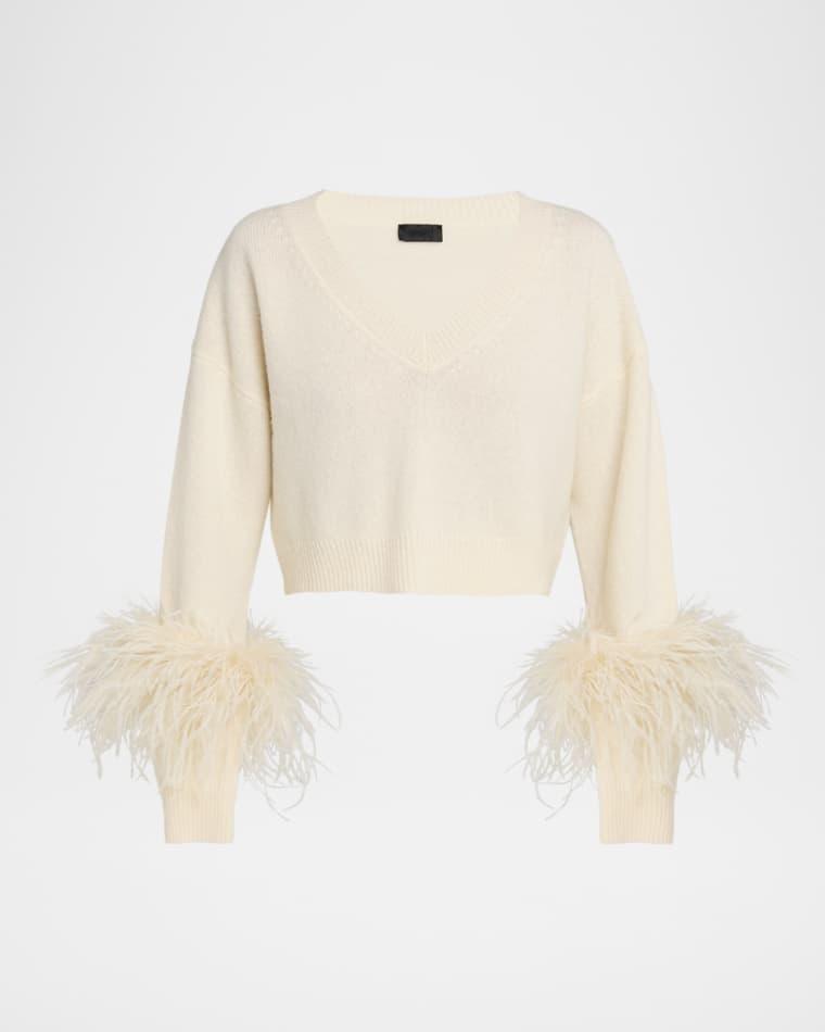 Feather-Trim Cashmere Crop Sweater by LAPOINTE