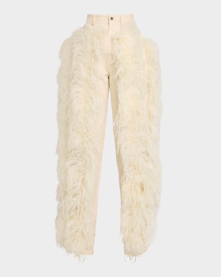 Feather-Trim Cotton Twill Straight-Leg Jeans by LAPOINTE Feather-Trim Cotton Twill Straight-Leg Jeans by LAPOINTE