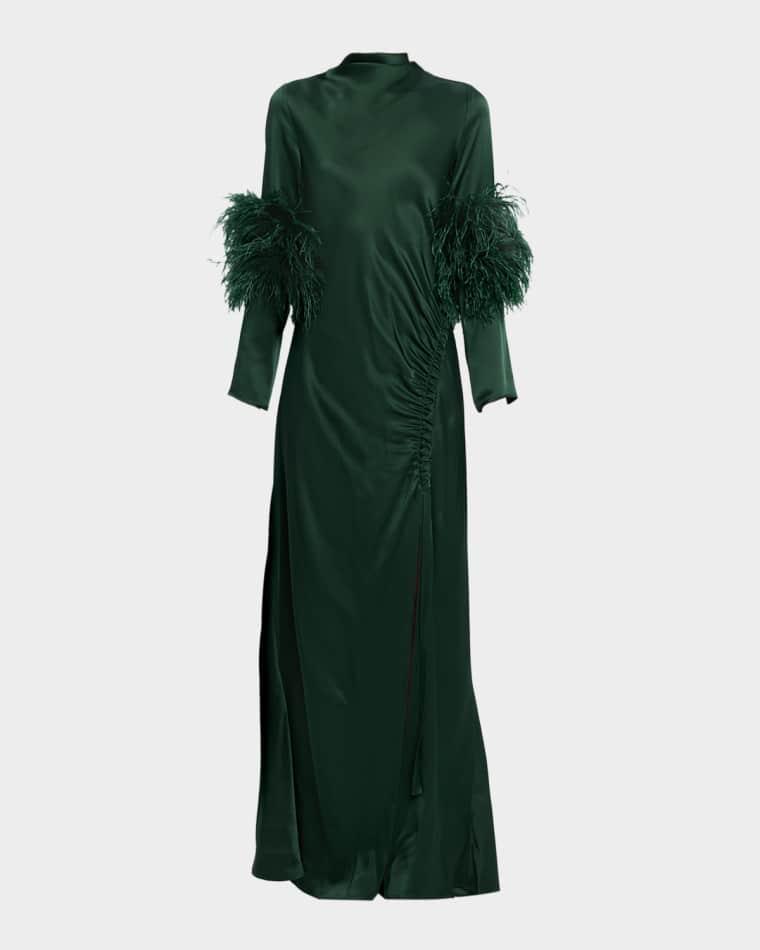 Feather-Trim Long-Sleeve Satin Maxi Dress by LAPOINTE