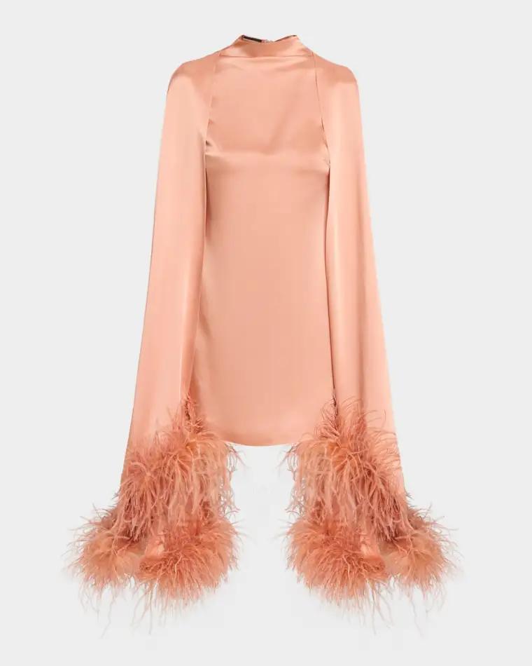 Feather Trim Satin Cape Sleeve Mini Dress by LAPOINTE
