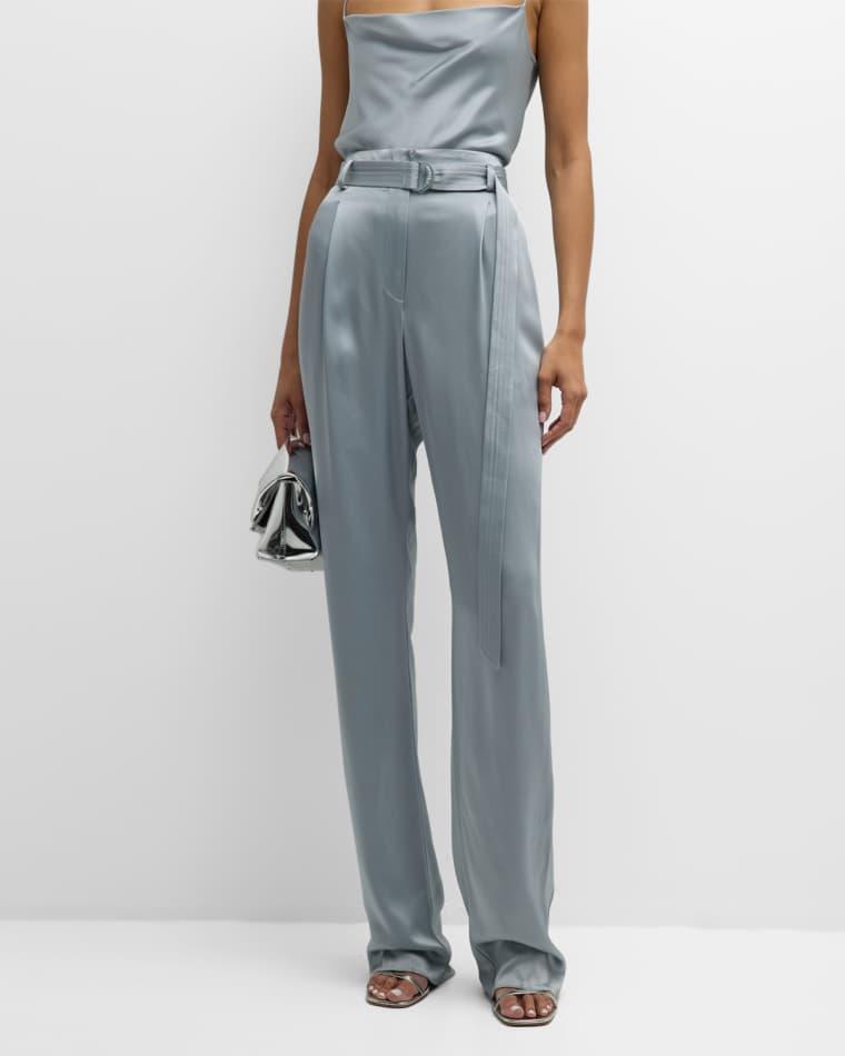 High-Rise Belted Pleated Straight-Leg Doubleface Satin Pants by LAPOINTE