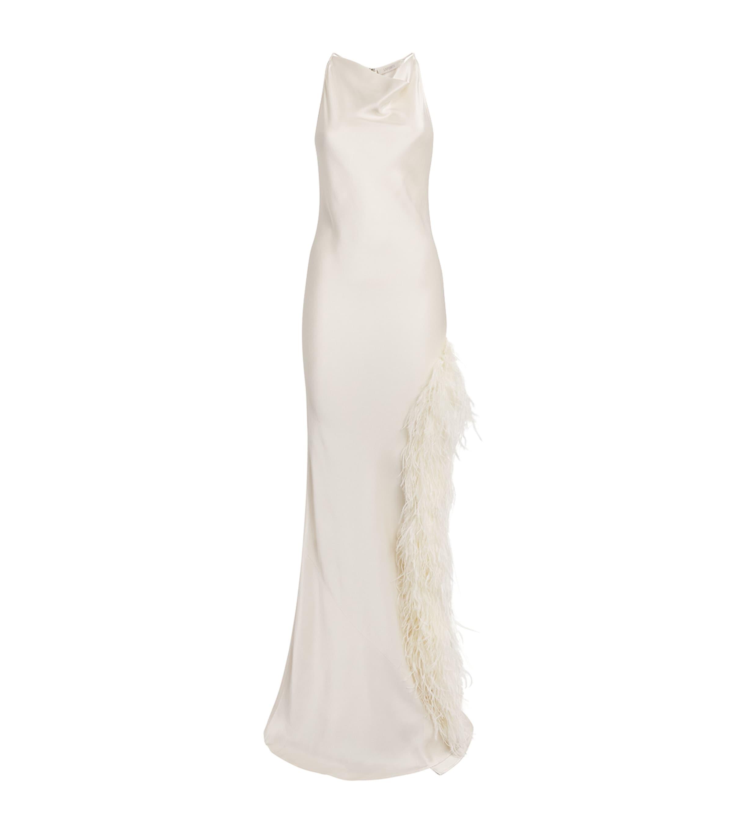 LAPOINTE Satin Feather-Trim Halterneck Gown by LAPOINTE