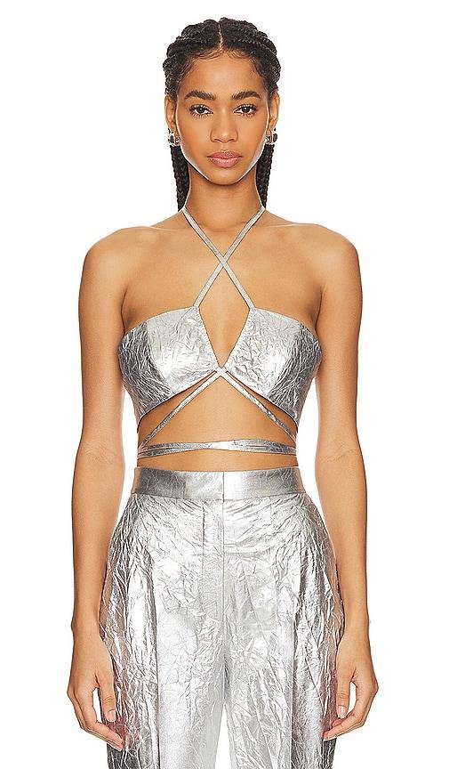 Lapointe Crinkle Bra Top in Metallic Silver by LAPOINTE