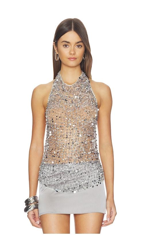 Lapointe Sequin Halter Neck Top in Metallic Silver by LAPOINTE