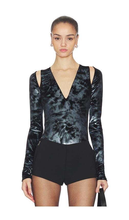 Lapointe Velour V Neck Bodysuit in Blue by LAPOINTE