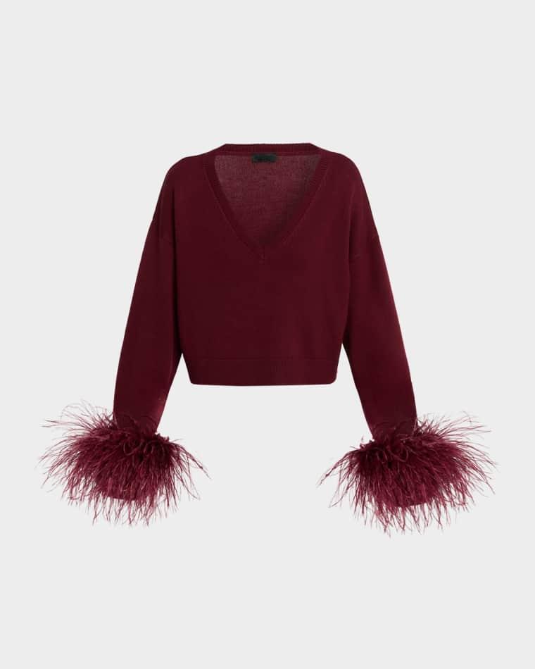 Merino Wool V-Neck Crop Sweater With Feather Cuffs by LAPOINTE