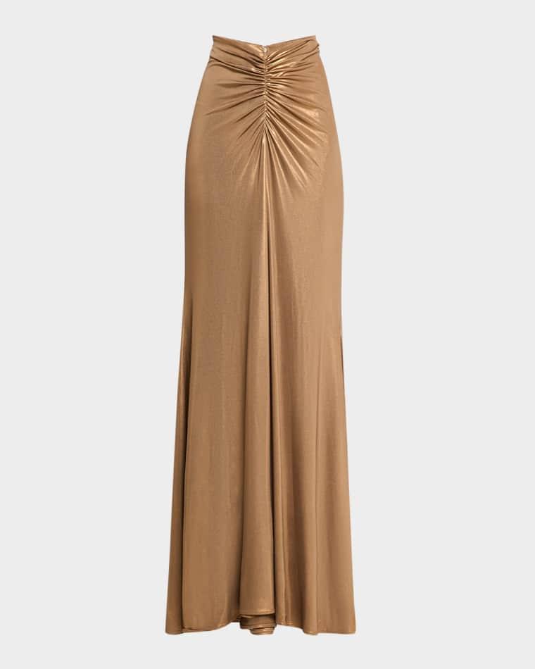 Metallic Coated Jersey Ruched Maxi Skirt by LAPOINTE