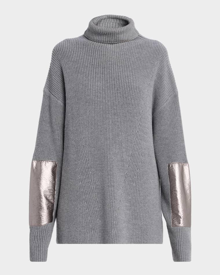Metallic Leather-Patch Merino Wool Turtleneck Sweater by LAPOINTE