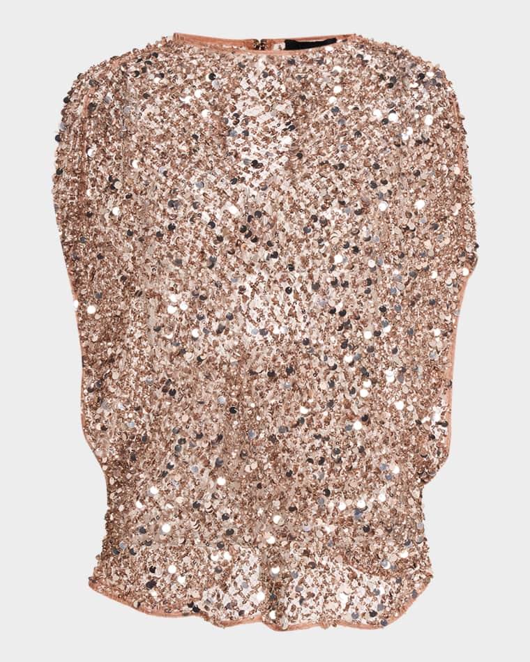Sequined Net Mesh Cap-Sleeve Top by LAPOINTE