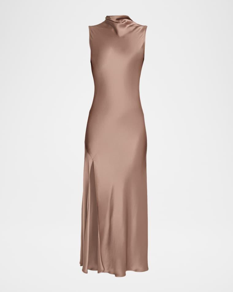Sleeveless Draped-Neck Satin Slit Midi Dress by LAPOINTE