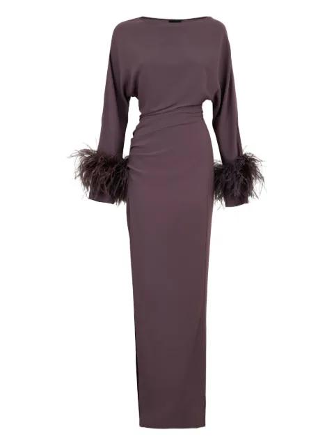 feather-trim long-sleeve maxi dress by LAPOINTE