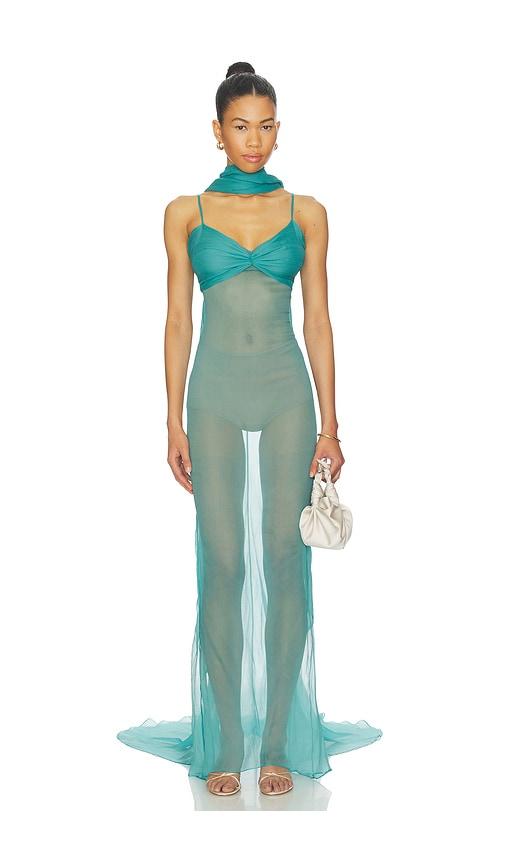 LaQuan Smith Gown With Neck Tie Detail in Teal by LAQUAN SMITH