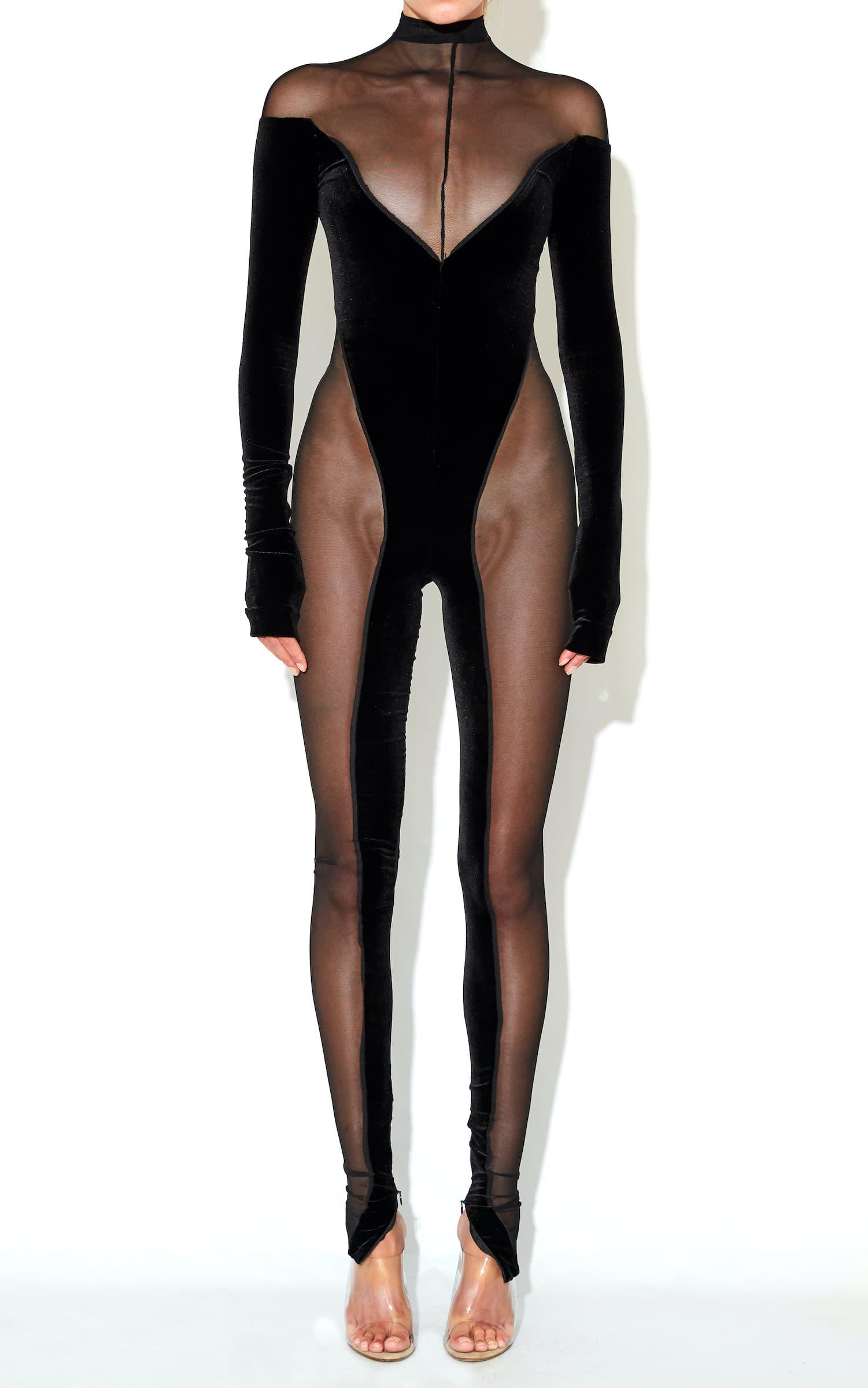 Off the Shoulder Sheer and Velvet Catsuit by LAQUAN SMITH
