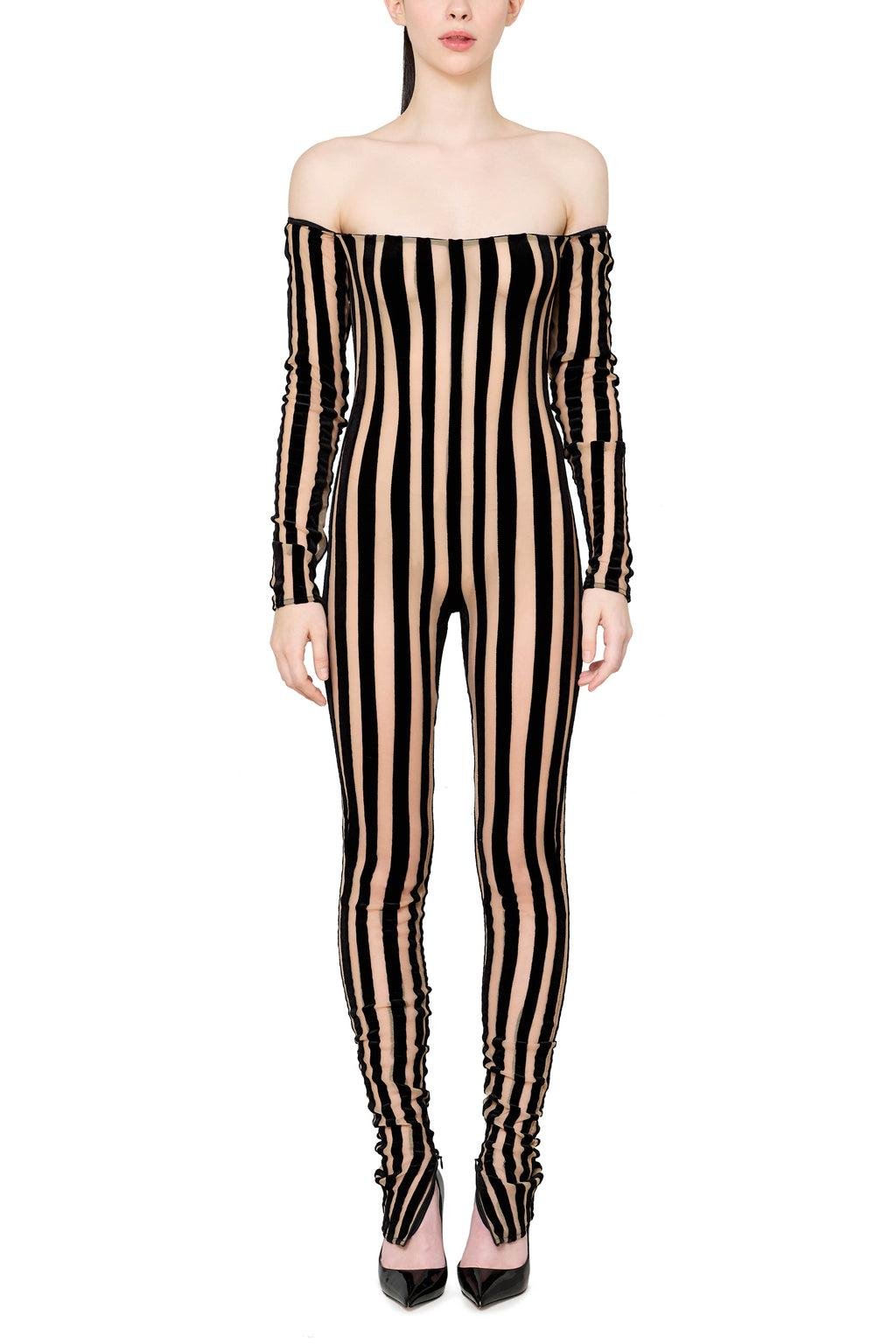Striped Off the Shoulder Catsuit by LAQUAN SMITH