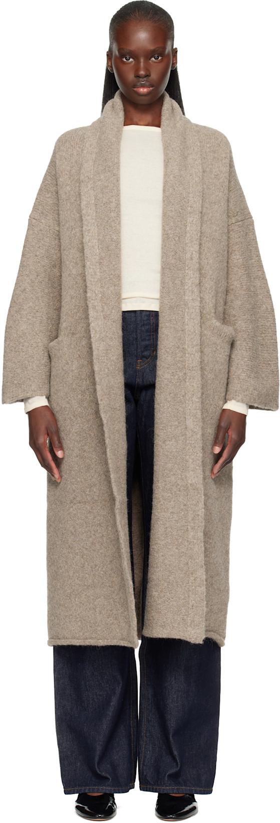 Beige Long Shawl Cardigan by LAUREN MANOOGIAN
