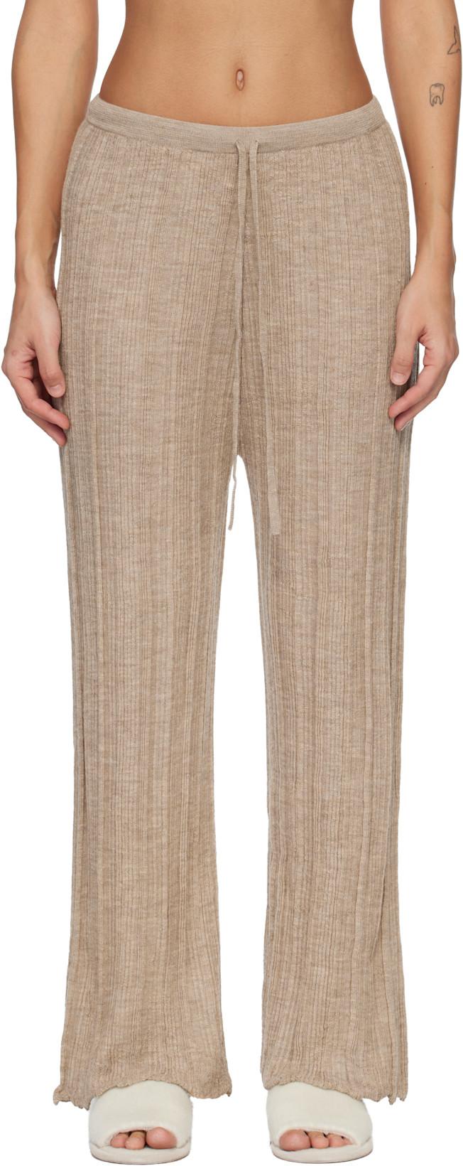 Beige Plisse Lounge Pants by LAUREN MANOOGIAN