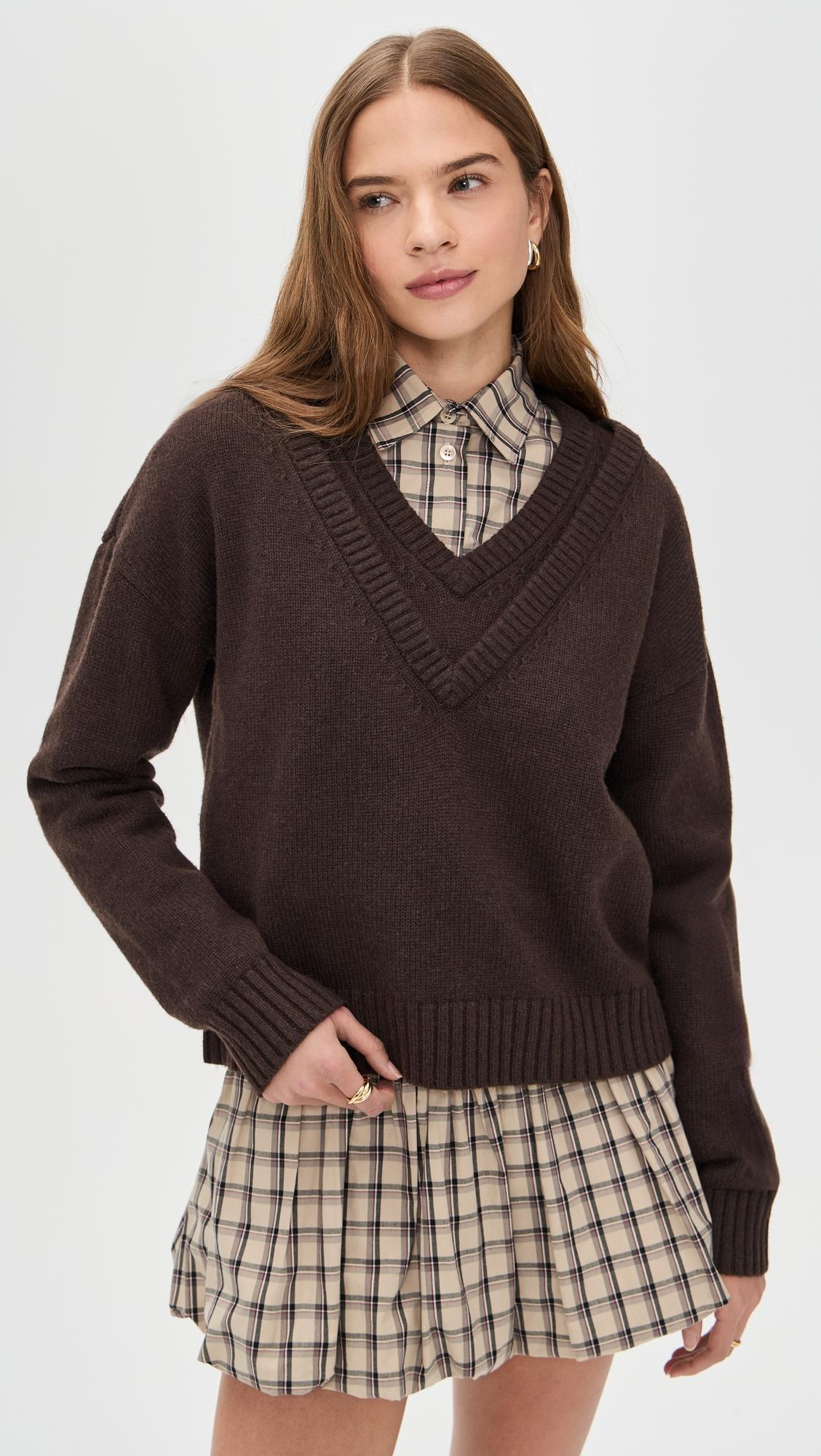 Double V Neck Pullover Sweater by LE BOP
