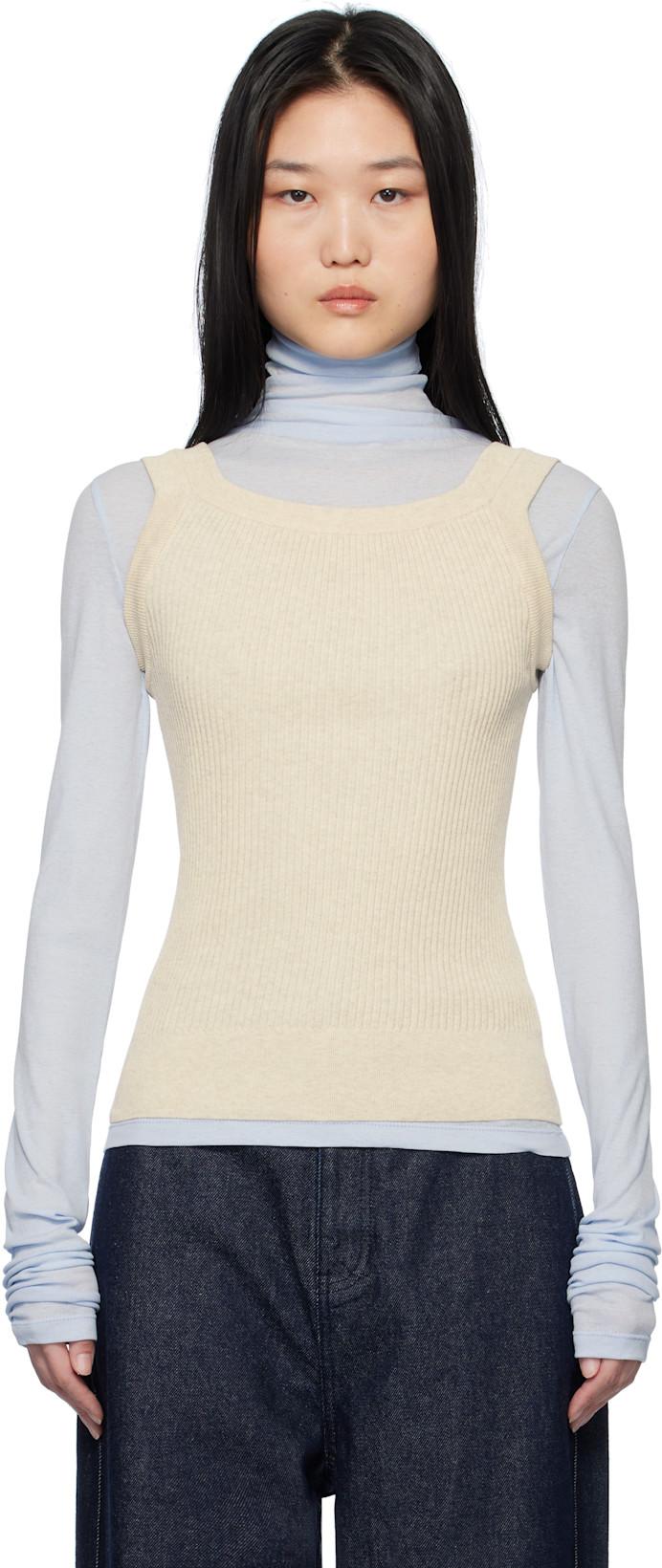 Beige Ribbed Scoop Neck Tank Top by LE17SEPTEMBRE