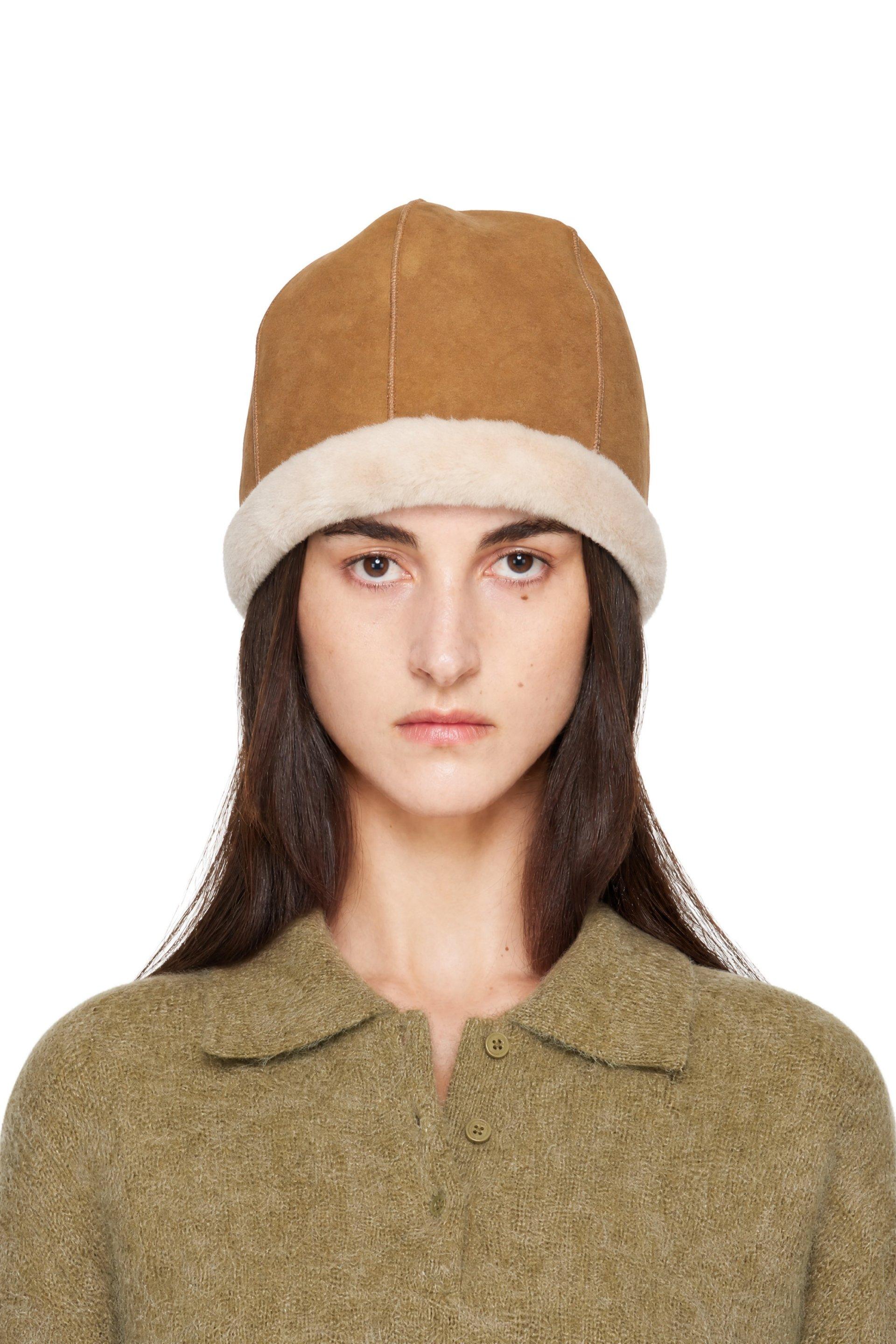 Brown Fleece Trim Faux-Suede Reversible Hat by LE17SEPTEMBRE