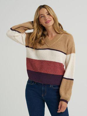 Women's Ribbed V-Neck Color Block Sweater | Women's Tops & Tees | Lee® by LEE JEANS