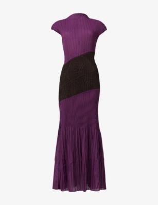 Contrast-Panel Pleated Woven Maxi Dress by LEEM